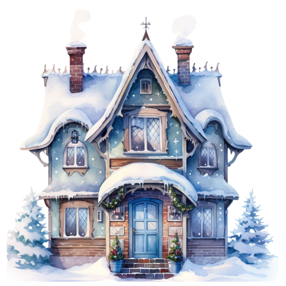 Watercolor Winter Houses Fabric Panel 24