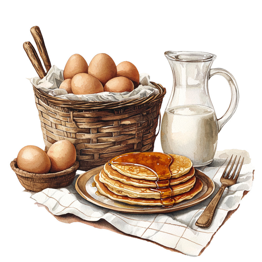 brown, beige, cream, golden, amber, wicker basket, eggs, pancakes, milk pitcher, fork, kitchen utensils, breakfast scene, watercolor style, rustic, farmhouse, country style, food illustration, fabric panel, quilting cotton, morning meal, syrup, checkered napkin