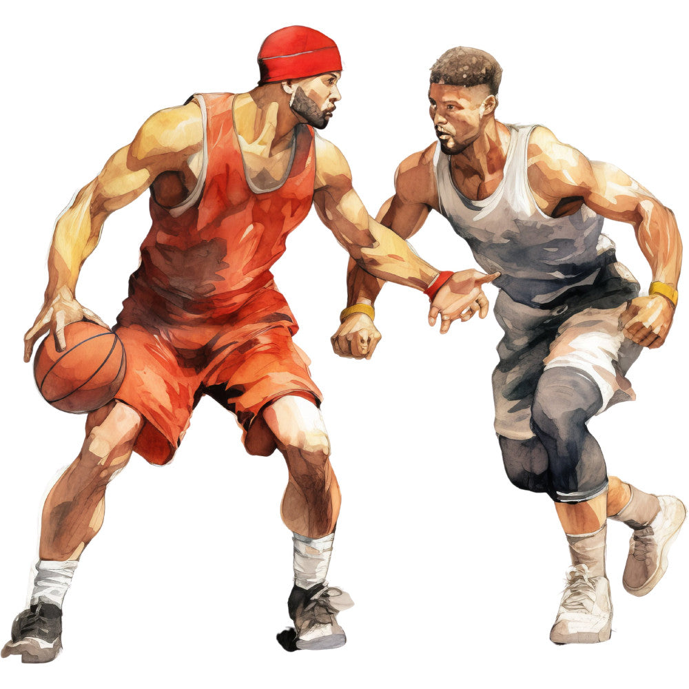 basketball players, sports, red jersey, gray jersey, athletic wear, men's fashion, action pose, ball game, competitive sports, orange red, charcoal gray, cream white, muscular figures, street style, urban sports, contemporary, dynamic movement, game day, sports illustration, team colors, sneakers, headband, athletic accessories, recreation, fitness theme, modern style, vibrant colors, portrait style, male athletes