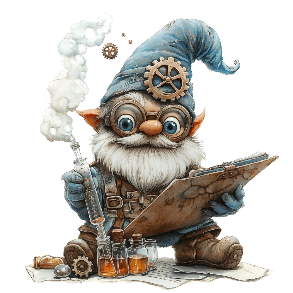 steampunk gnome, blue pointed hat, brass gears, copper goggles, white beard, orange nose, mechanical elements, vintage bottles, steam pipe, fabric panel, quilting cotton, fantasy character, whimsical illustration, teal blue, bronze accents, amber glass, watercolor style, clockwork details, inventor gnome, crafting fabric