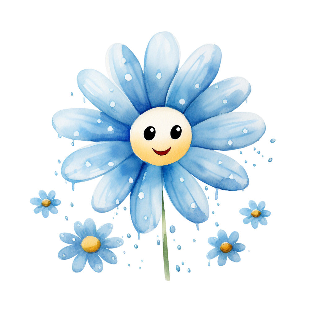 light blue, soft blue, yellow, white, cream, watercolor style, smiling flower, happy face, daisy design, floral pattern, cheerful expression, whimsical art, cute cartoon, fabric panel, quilting cotton, spring theme, children's fabric, pastel colors, botanical motif, playful design
