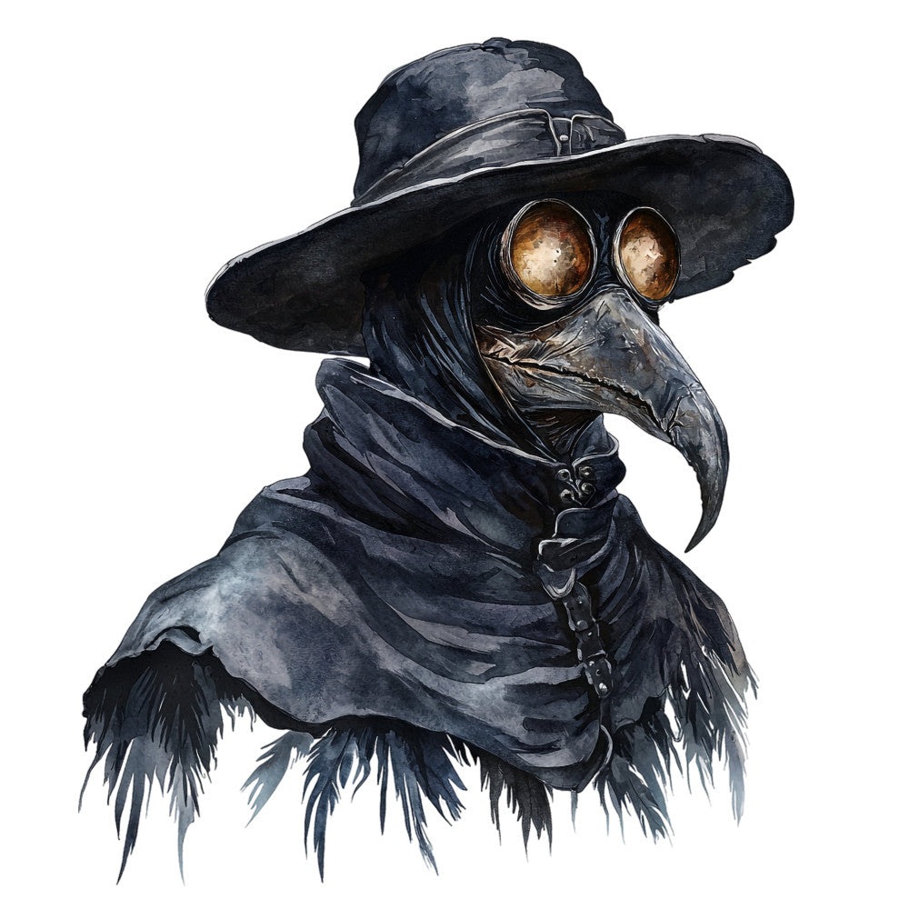 steampunk, plague doctor, bird mask, gothic, dark academia, black, charcoal gray, brass gold, vintage, victorian, whimsical, spooky, halloween, mysterious, crow, raven, long-beaked bird, goggles, top hat, ornate, monochromatic, moody, dark fantasy, creatures, fantasy art, costume, dramatic, elegant dark, decorative panel, statement fabric