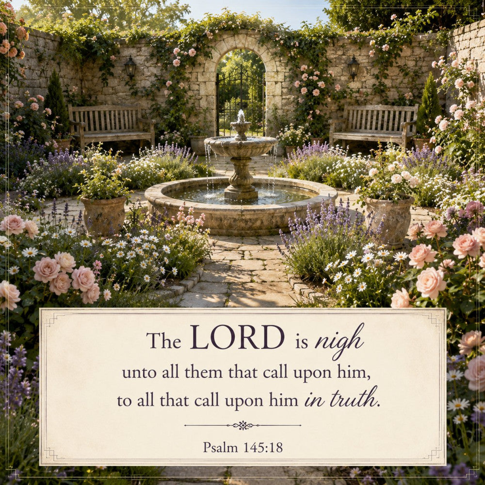 garden, floral, botanical, scripture, religious, inspirational, faith-based, psalm, stone wall, archway, fountain, roses, lavender, daisies, blush pink, dusty rose, purple, white, cream, elegant, traditional, peaceful, serene, nature-inspired, spring, summer, english garden, cottage style, vintage, timeless