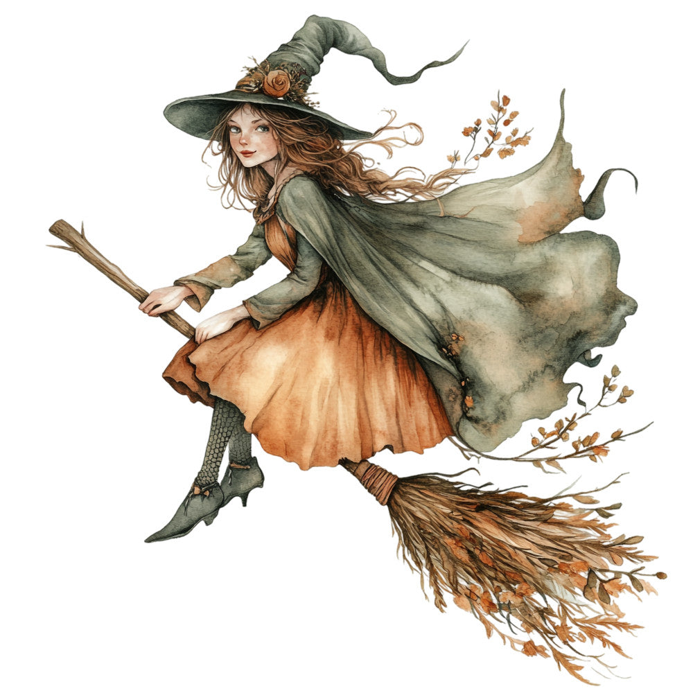 watercolor witch, autumn colors, sage green, burnt orange, brown tones, flying witch, broomstick, pointed hat, flowing robes, autumn leaves, magical theme, halloween fabric, witch illustration, fabric panel, quilting cotton, whimsical art, fantasy character, seasonal motif, fall foliage, enchanted design