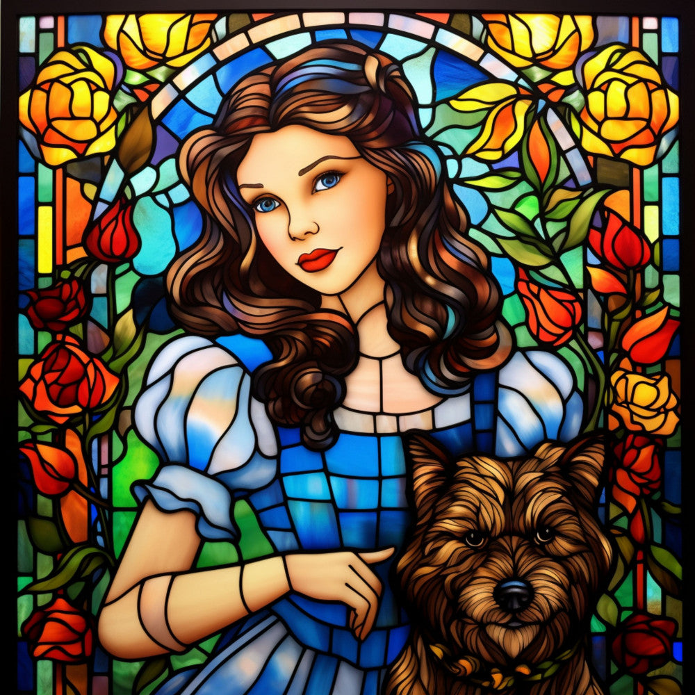 stained glass, dorothy, wizard of oz, toto, yorkshire terrier, blue dress, brown curly hair, red roses, yellow roses, vibrant colors, sapphire blue, emerald green, ruby red, golden yellow, floral border, fairy tale character, cotton panel, quilting fabric, art nouveau style, whimsical design