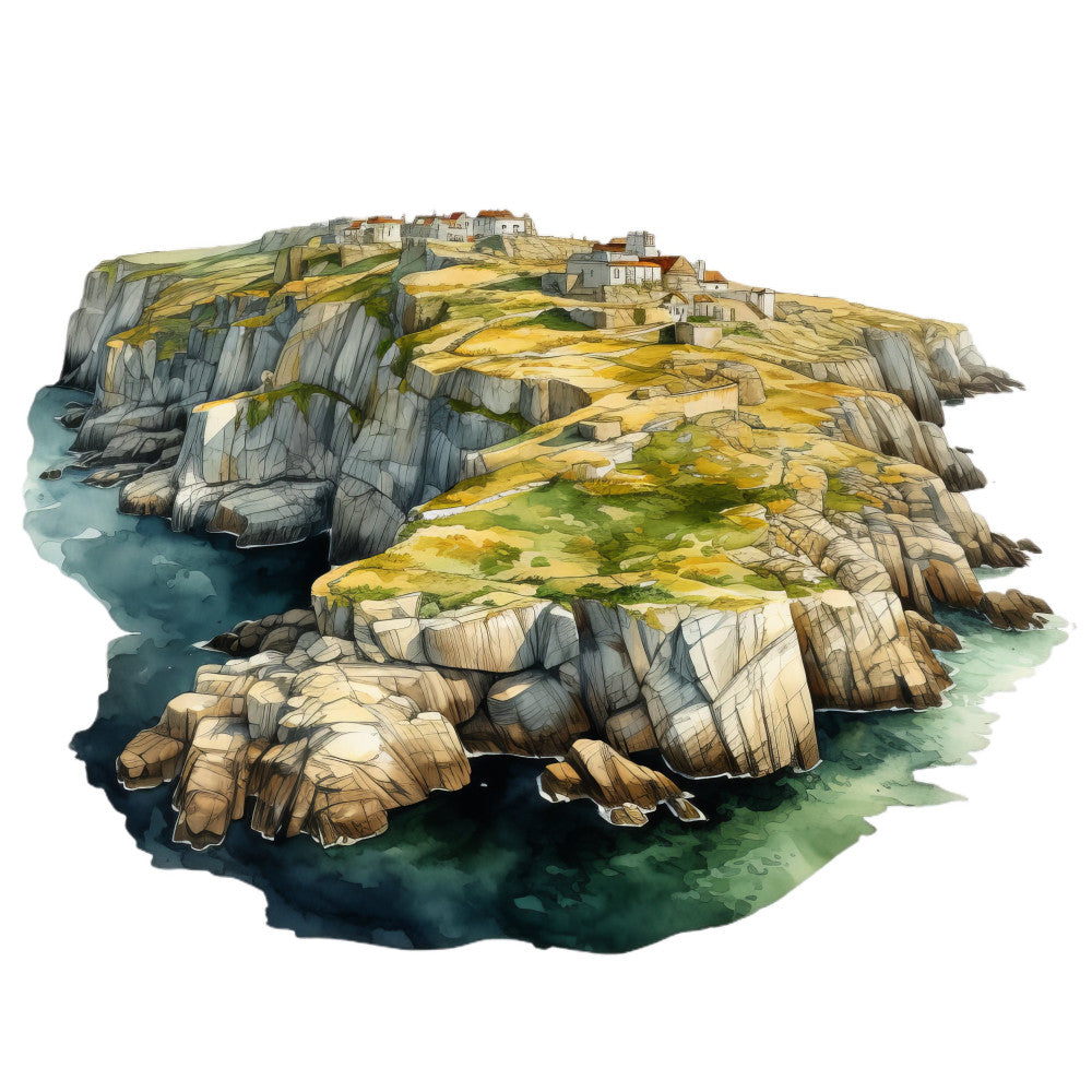 coastal landscape, seaside cliffs, rocky coastline, ocean view, teal water, turquoise sea, golden yellow, sage green, slate gray, stone gray, cream beige, architectural, buildings, houses, village, scenic landscape, nautical theme, nature illustration, travel theme, rustic style, traditional style, whimsical style, landscape art, watercolor effect, detailed illustration, coastal living, seaside village, european architecture, panoramic view, wall hanging