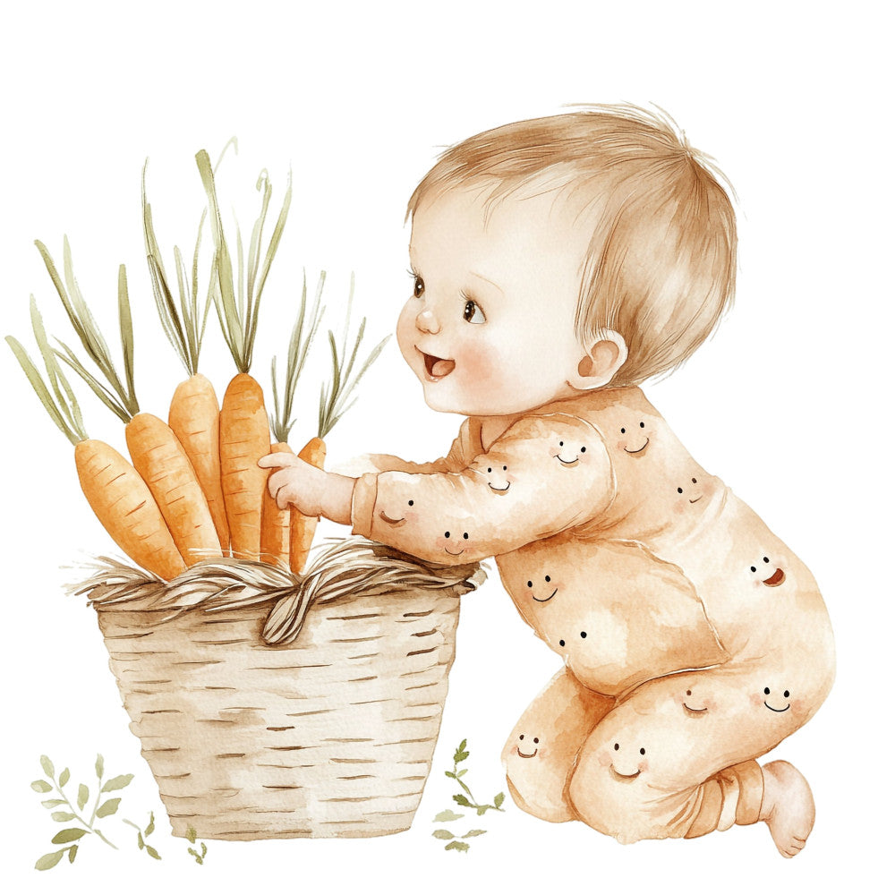 baby, nursery, infant, toddler, cute, whimsical, playful, cheerful, smile faces, happy faces, carrots, vegetables, garden, nature, organic, cream, beige, tan, peach, orange, soft pastels, gentle, sweet, illustration, storybook, children's, kid's, springtime, garden theme, farmhouse