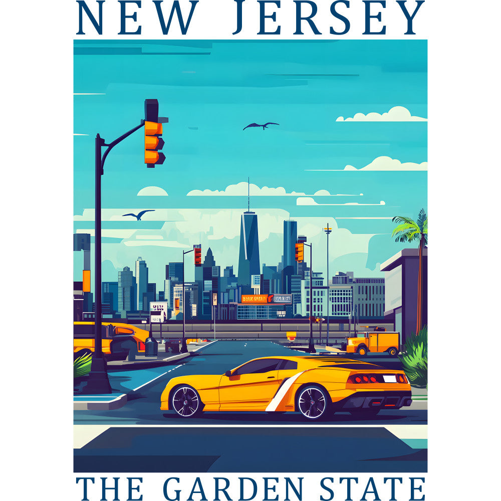 turquoise, teal, orange, yellow, navy blue, new jersey, garden state, city skyline, sports car, traffic light, palm trees, seagulls, clouds, urban scene, modern illustration, fabric panel, quilting cotton, geometric buildings, street scene, contemporary art style
