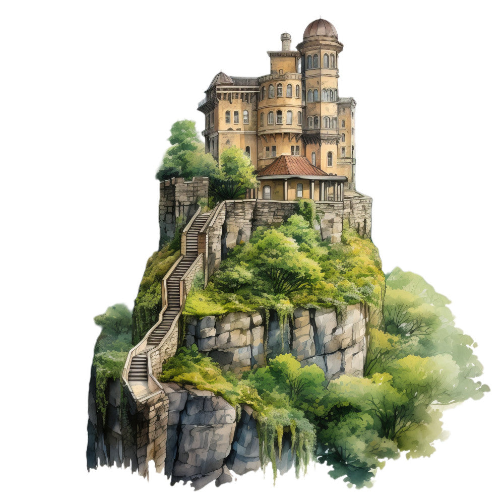 castle, fantasy, stone, architecture, tower, staircase, landscape, nature, woodland, trees, greenery, sage green, cream, tan, beige, gray, whimsical, storybook, fairytale, adventure, magical, vintage, illustration, detailed, scenic, building, fortress, enchanted, fantasy adventure, botanical