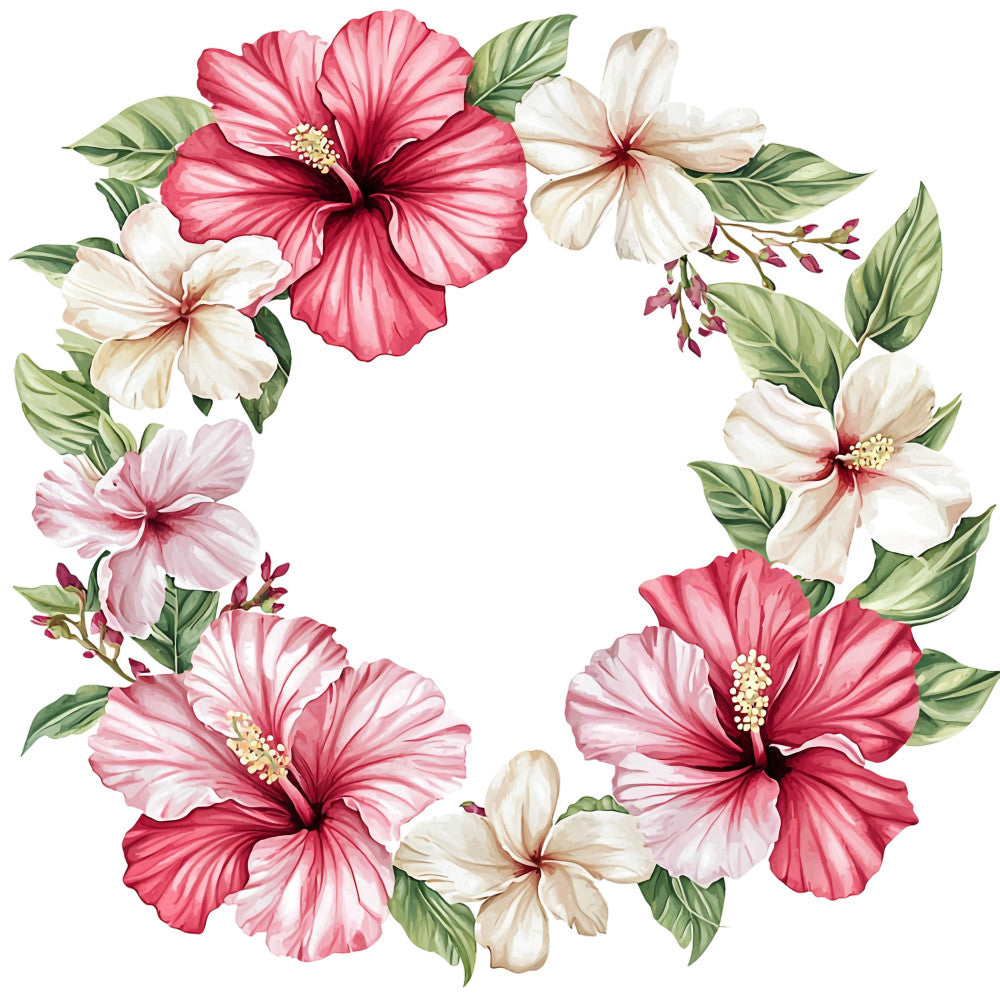 hibiscus flowers, tropical wreath, coral pink, cream white, sage green, watercolor style, hawaiian floral, fabric panel, quilting cotton, botanical design, plumeria blooms, island paradise, summer theme, floral arrangement, tropical leaves, nature motif, circular wreath, feminine colors, resort style, vacation vibes