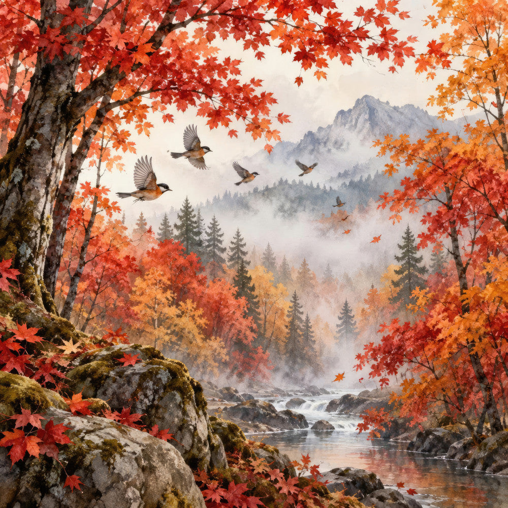 autumn, fall, landscape, mountain, nature, scenic, birds, flying birds, trees, forest, river, water, maple leaves, red leaves, orange leaves, golden, rustic, peaceful, misty, foggy, woodland, outdoor, national park, hiking, cabin, cottage core, traditional, moody, atmospheric, warm tones
