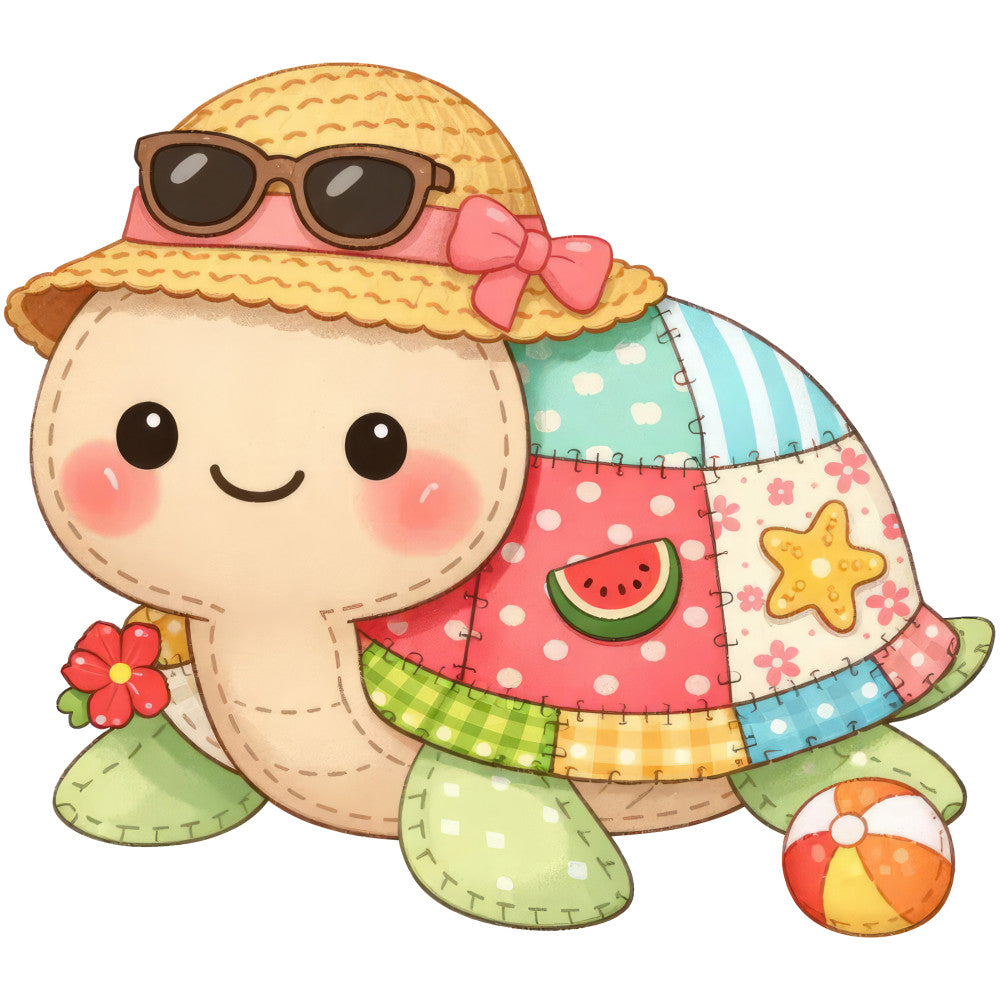 cute turtle, beach theme, summer, whimsical, colorful, pastel colors, coral pink, mint green, turquoise, cream, watermelon, starfish, beach ball, flowers, polka dots, gingham, striped, patchwork, childrens, baby quilt, nursery, seaside, playful, cheerful, kawaii, appliqué, stitched details, vacation, tropical, fun print