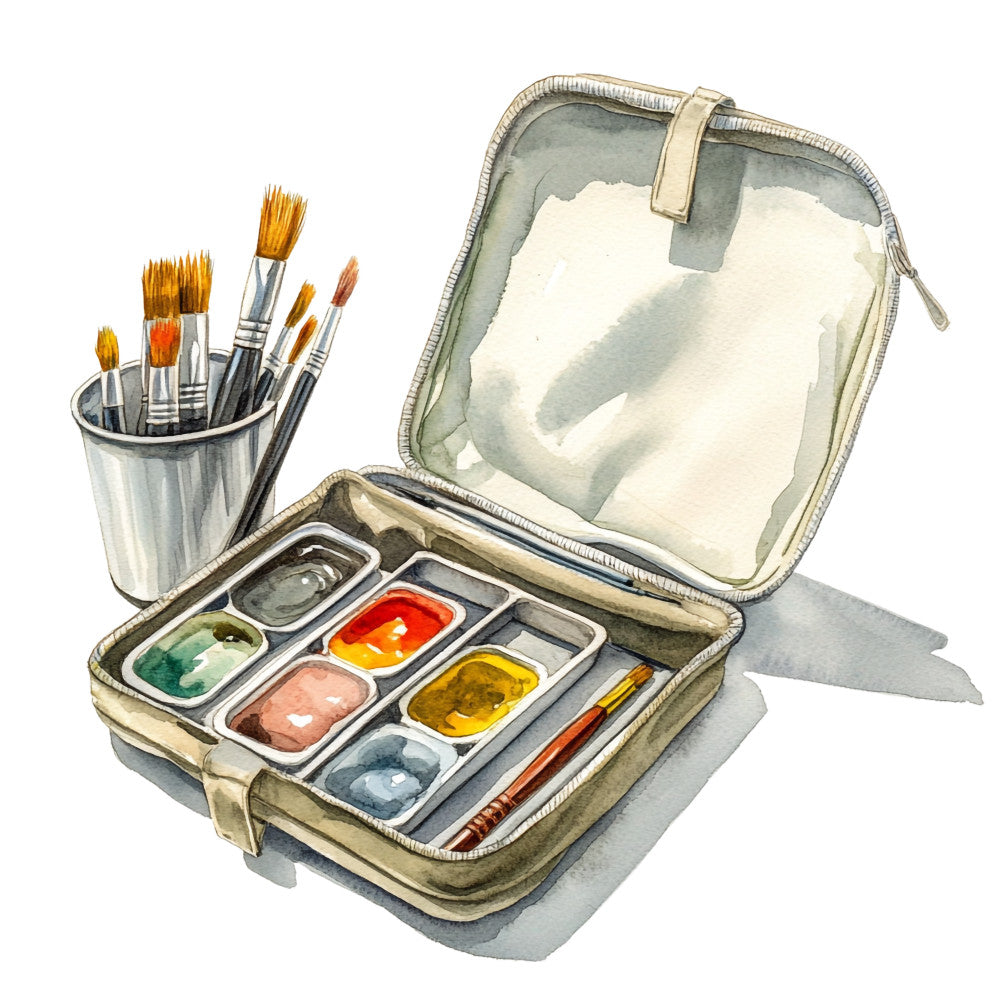 watercolor painting, art supplies, paint palette, paintbrushes, artist tools, creative supplies, teal green, coral pink, golden yellow, burnt orange, slate blue, portable paint set, art studio, painting kit, artistic illustration, crafting theme, fabric panel, quilting cotton, art room decor, painter's equipment