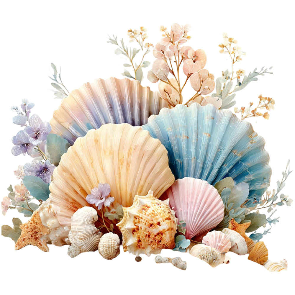 seashells, starfish, coastal, nautical, beach, ocean, dusty rose, blush pink, peach, cream, soft blue, pale blue, sage green, eucalyptus, dried flowers, botanical, nature, shells, pearls, elegant, whimsical, romantic, coastal living, summer, seaside, decorative, wall hanging, home decor, boho, bohemian