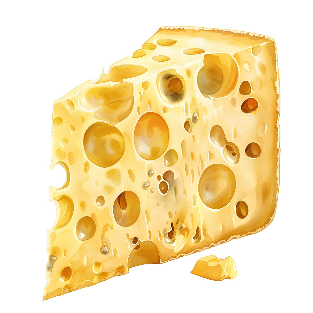 cheese, yellow, cream, golden yellow, butter yellow, food, dairy, whimsical, playful, cute, novelty, realistic, detailed, holes, swiss cheese, cheddar, farmhouse, kitchen, food print, culinary, cooking, fun, lighthearted, children, kid-friendly, food themed, gourmet, cottage core, rustic charm