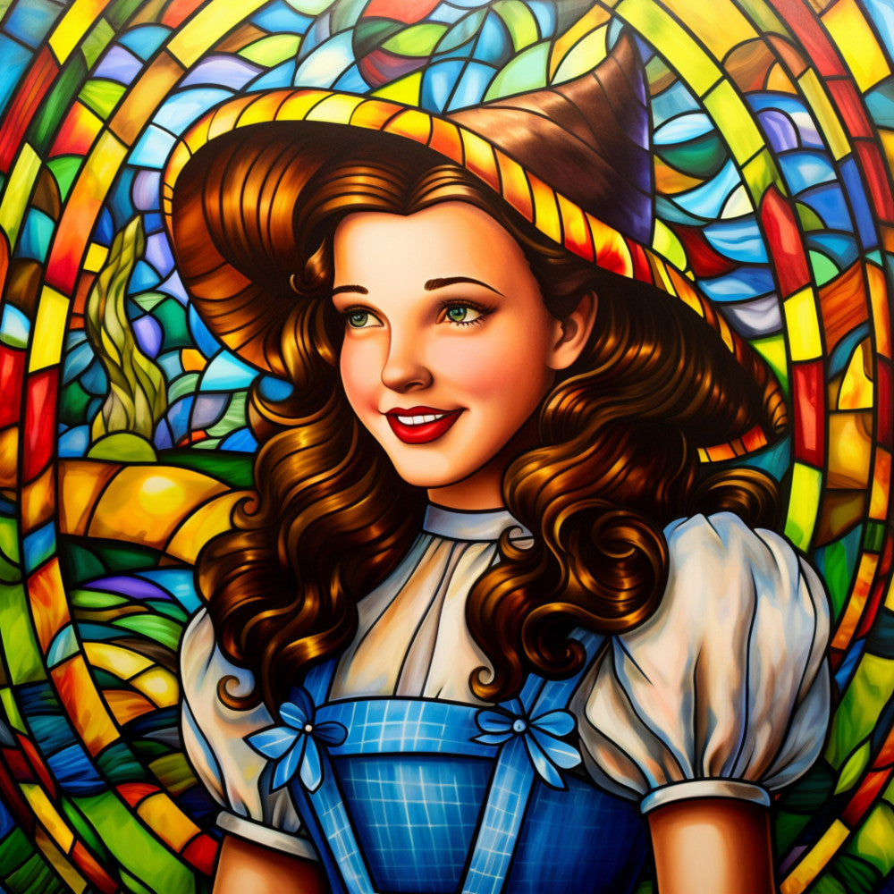 stained glass, dorothy, wizard of oz, brown curls, blue gingham dress, white blouse, red lipstick, fabric panel, quilting cotton, rainbow colors, emerald green, golden yellow, sapphire blue, ruby red, circular design, literary character, whimsical art, vibrant colors, cotton fabric, craft panel