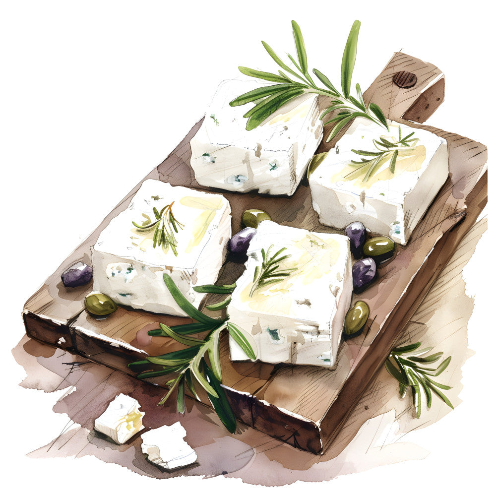 cream white, sage green, olive green, purple, warm brown, wood tone, food, cheese, olives, rosemary, herbs, mediterranean, rustic, farmhouse, elegant, culinary, gourmet, artisanal, charcuterie, board, still life, kitchen, dining, contemporary, watercolor, illustration, culinary themed, food lovers, cooking, harvest