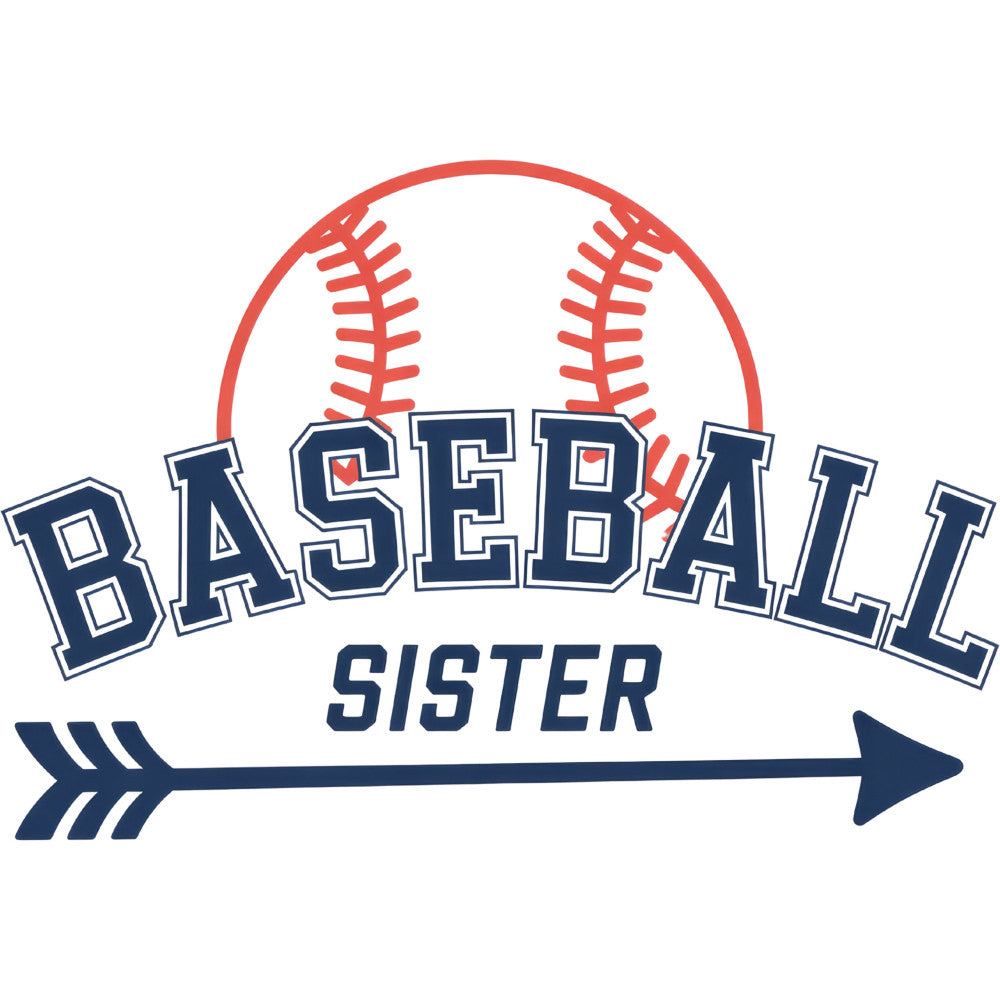 baseball sister, navy blue, coral red, sports themed, baseball, sister, arrow, stitching detail, youth sports, team spirit, athletic, modern style, casual style, girl sports, baseball fan, sports sister, nautical style, red and white, geometric arrow, baseball stitches, sports motif, family themed, gift for sister, sports apparel, athletic wear, girls sports, summer sports, team apparel, sporty design, bold lettering