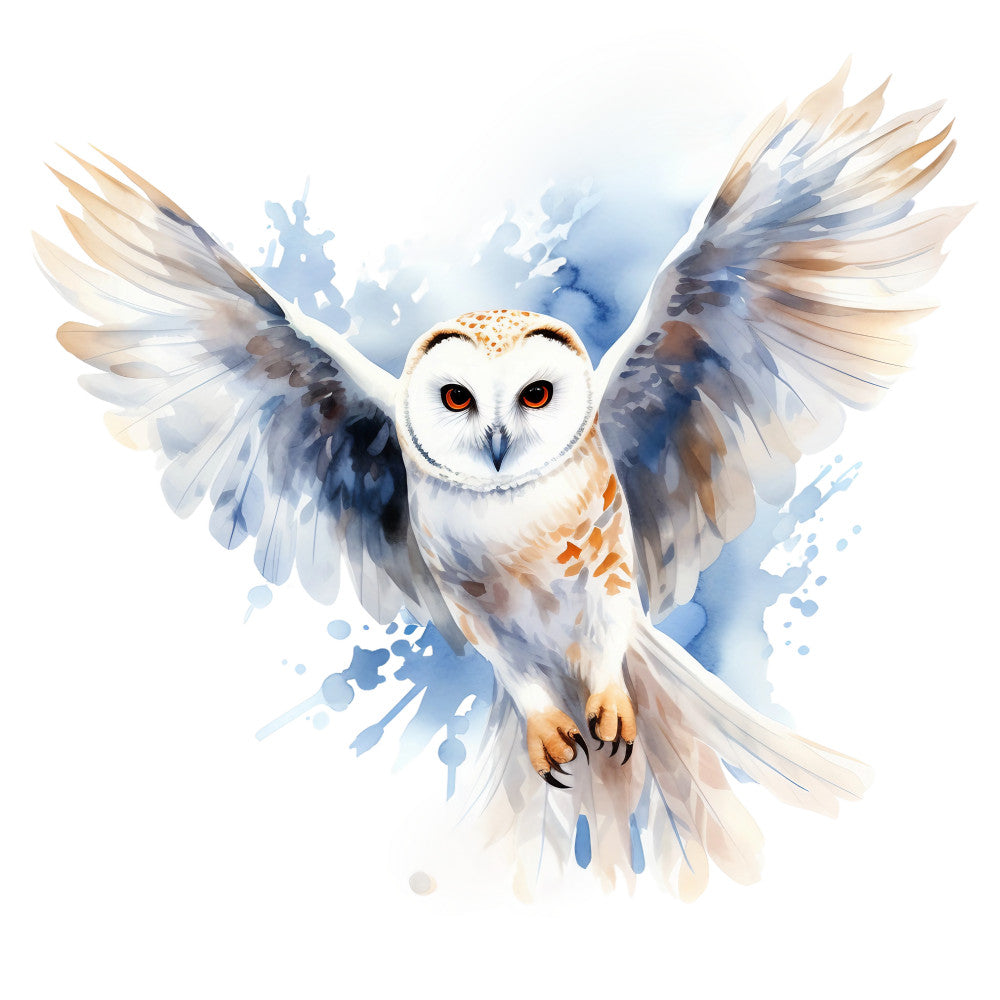watercolor owl, flying owl, barn owl, white owl, orange eyes, blue watercolor, soft blue, cream colors, beige tones, spread wings, bird in flight, watercolor splashes, artistic style, nature panel, wildlife fabric, cotton panel, quilting fabric, soft pastels, dreamy aesthetic, feathered wings