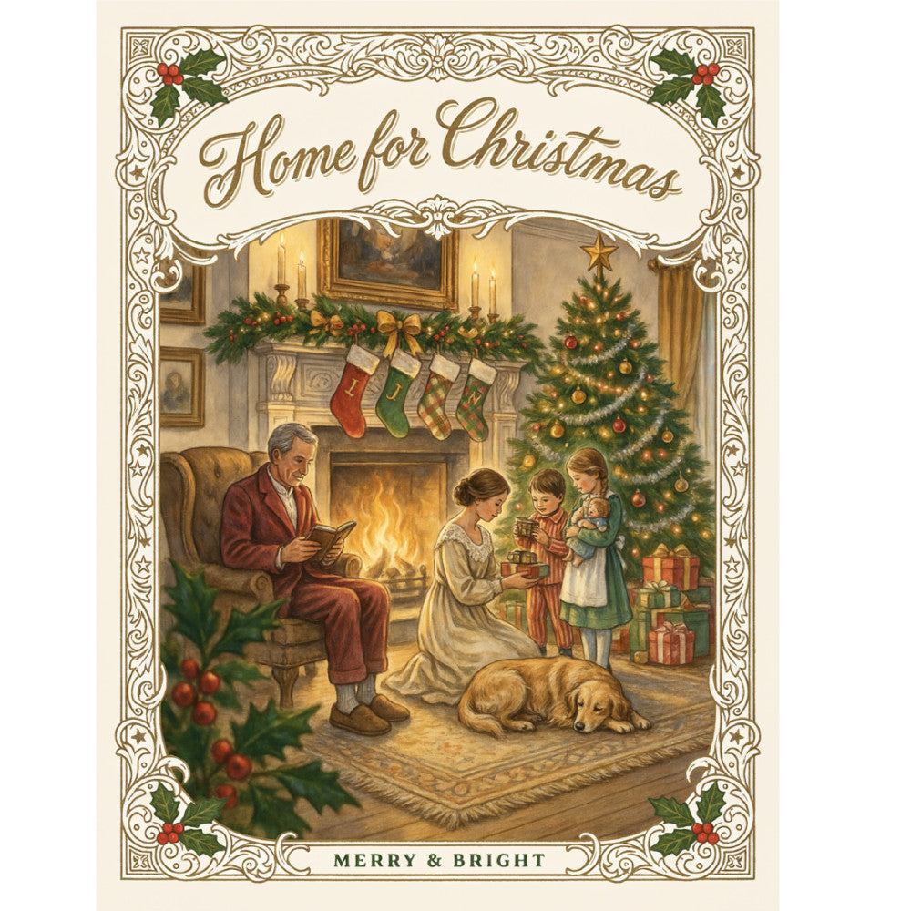 home for christmas, vintage christmas, traditional christmas, elegant christmas, family gathering, fireplace scene, christmas tree, stockings, gold ornaments, red ornaments, cream, gold, forest green, burgundy red, warm tones, holiday, winter, nostalgic, classic, timeless, decorative border, holly and berries, children, grandparent, dog, cozy home, festive, merry and bright, wall hanging, christmas decor
