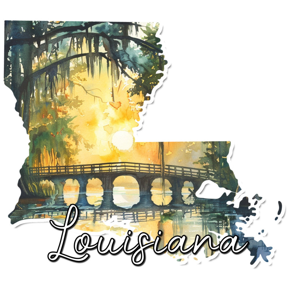 louisiana state, bayou landscape, landscape scenic, golden yellow, forest green, teal blue, moss green, bridge over water, nature scene, vintage travel, travel poster, botanical, willows, trees, water reflection, sunset, romantic, elegant, scenic, americana, state pride, geography, touring, nostalgic, traditional, peaceful, serene, architectural, nature inspired
