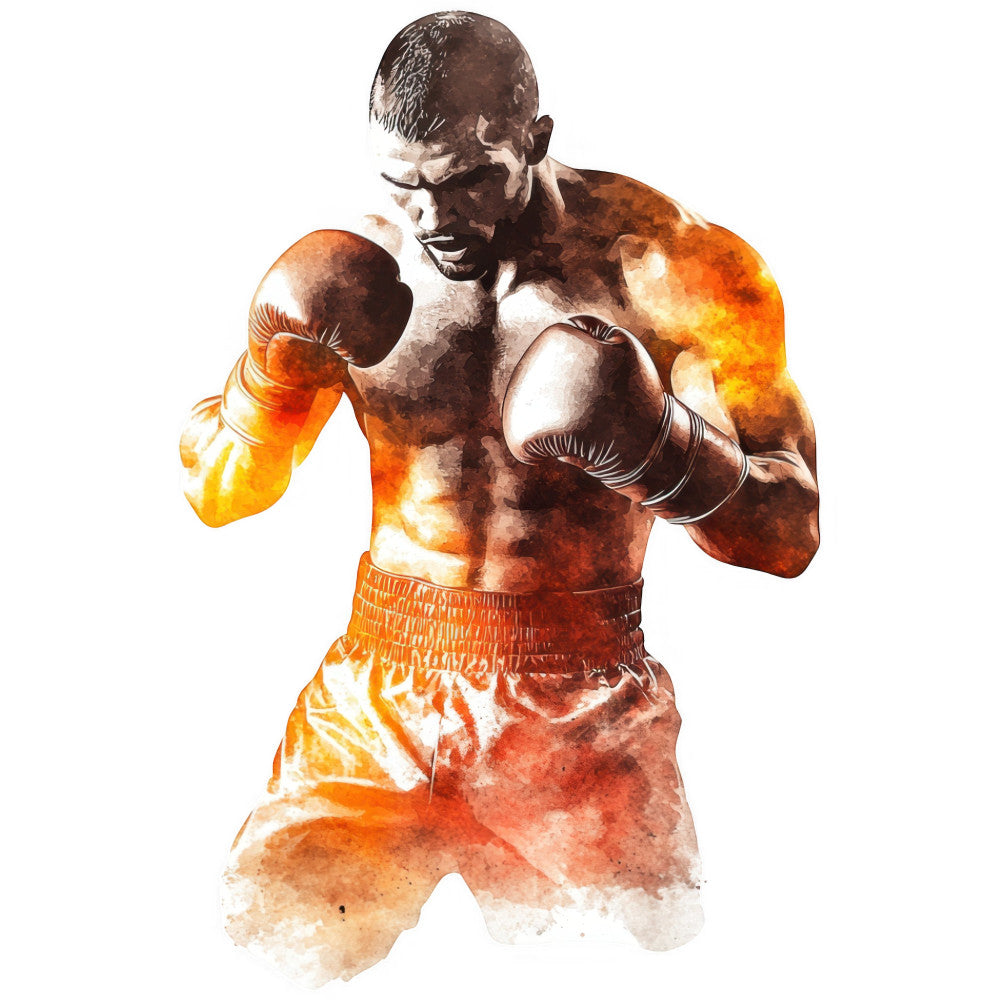 boxer, boxing, sports, athletic, masculine, strength, fighting, combat sport, gold, orange, brown, rust, amber, watercolor, abstract, modern, motivational, gym, fitness, action, dynamic, energetic, portrait, figure, human form, contemporary style, inspirational, power, determination, competitive spirit