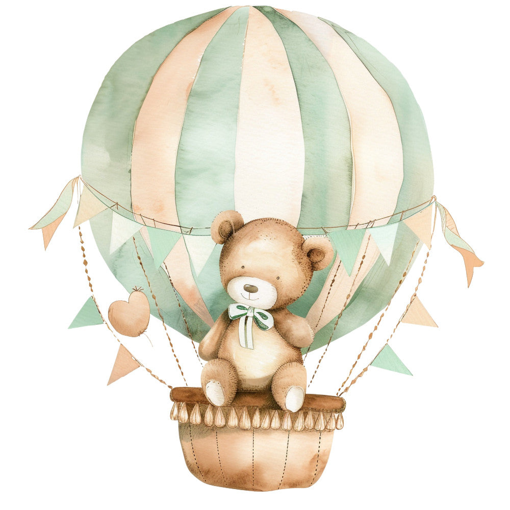 hot air balloon, teddy bear, sage green, cream, peach, soft brown, whimsical, nursery, baby, vintage, gentle, cute animals, adventure, sky, dreamy, pastel colors, bunting flags, hearts, clouds, gender neutral, baby shower, children's, storybook, soft colors, sweet, decorative, wall hanging, baby quilt, springtime, soft aesthetic