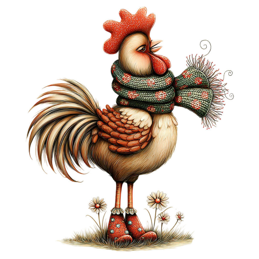 rooster, red, cream, tan, forest green, rust orange, farmhouse, whimsical, vintage, folk art, country, animals, birds, poultry, scarf detail, knitted sweater, boots, flowers, daisies, nature, rustic, traditional, charming, cottage core, autumn, winter, decorative, novelty, illustration