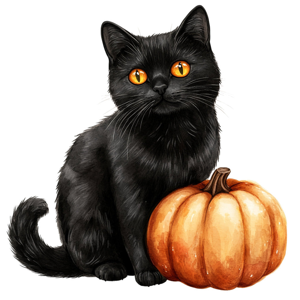black cat, orange eyes, pumpkin, autumn, fall, halloween, orange, black, golden yellow, cat face, animal, holiday, seasonal, whimsical, cute, festive, harvest, october, spooky, decorative, wall hanging, home decor, cat lover, pet themed, folk art, traditional, charming, country style