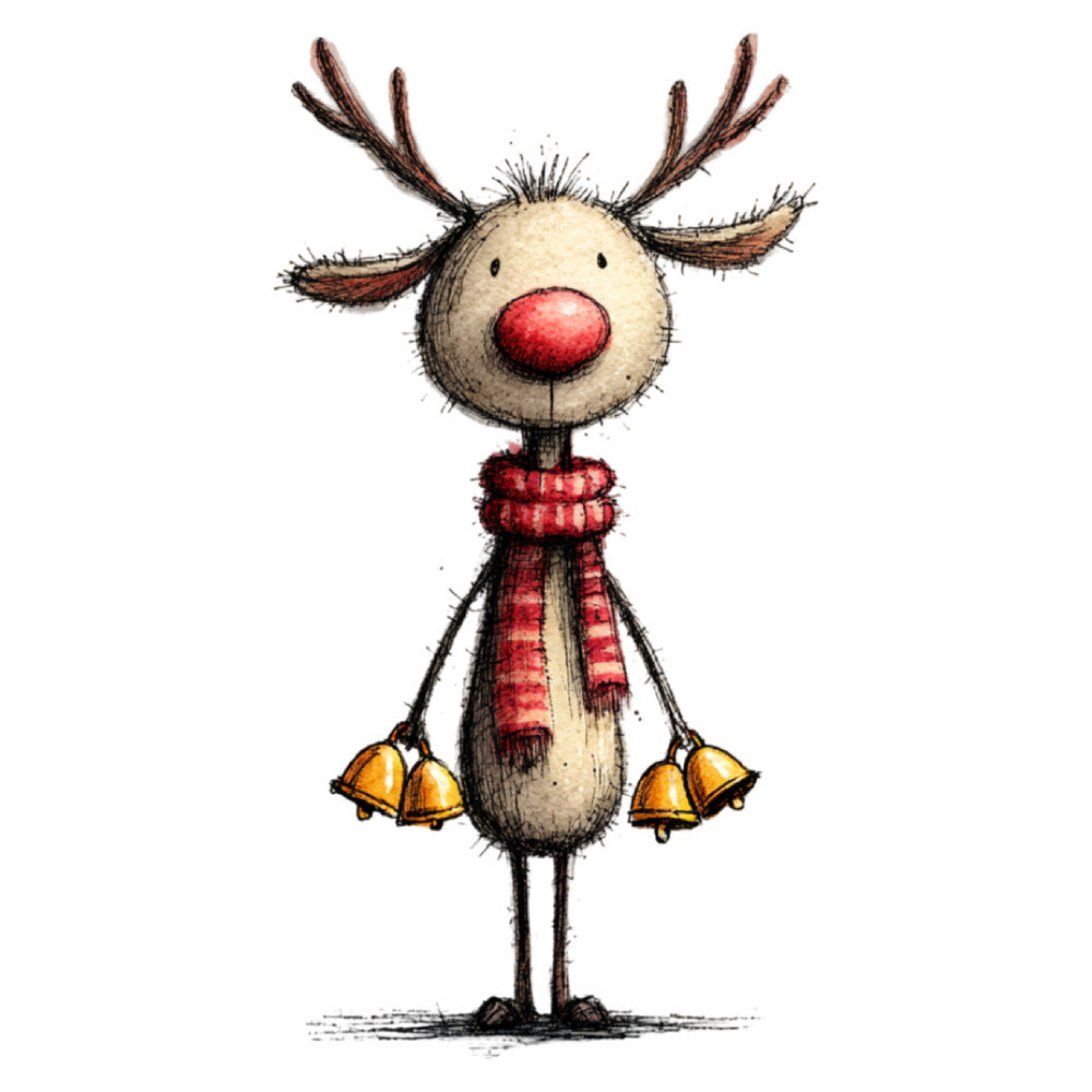 reindeer, red nose, christmas, holiday, whimsical, cute, children's, festive, cream beige, red, gold, brown, bell motifs, scarf, antique, vintage, playful, jolly, seasonal, winter, baby, cheerful, animal themed, decorative, rustic charm, folk art, illustration style
