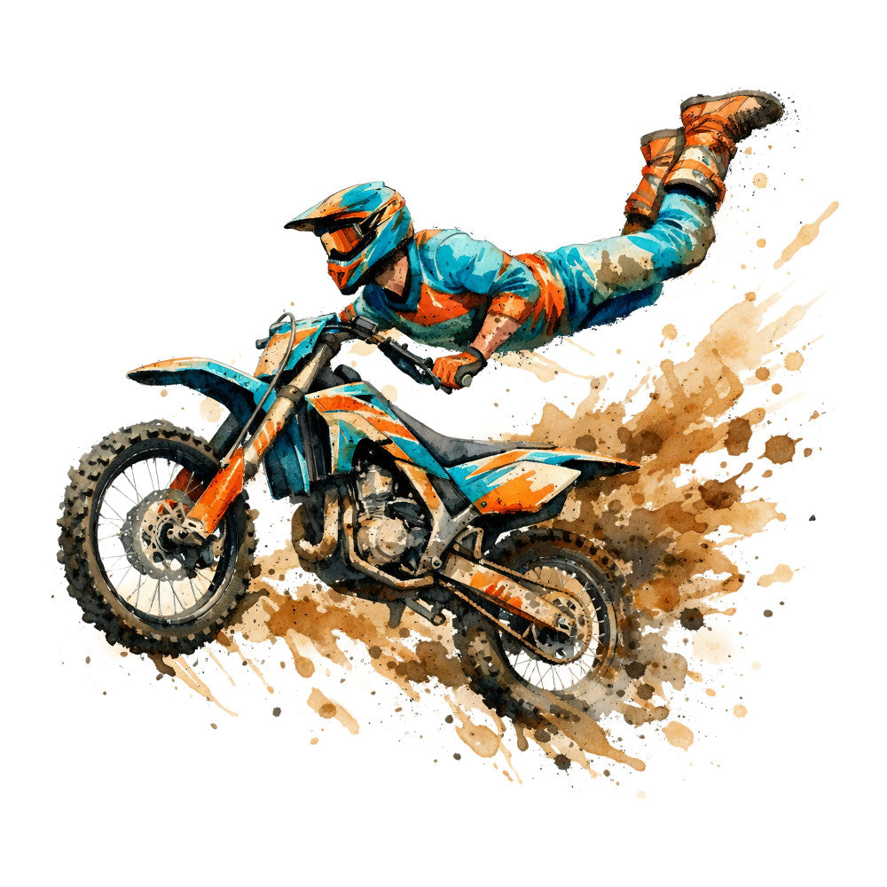 motocross, dirt bike, sports, action, adventure, orange, turquoise, blue, tan, brown, watercolor, splatter, abstract, artistic, modern, extreme sports, male, boy, youth, dynamic, energetic, trick, jump, stunt, casual, contemporary, illustration, paint splash, khaki, burnt orange
