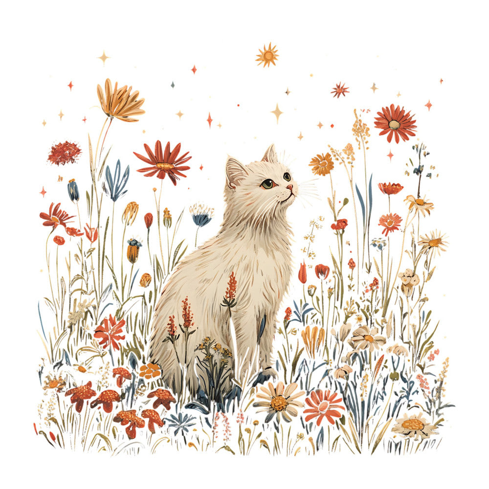cat, fluffy cat, cream cat, wildflowers, floral, botanical, nature, animals, whimsical, rust, coral, gold, tan, cream, navy blue, stars, sparkles, celestial, spring, summer, garden, meadow, cottage core, bohemian, rustic, gentle, soft, children's, illustrative, botanical illustration