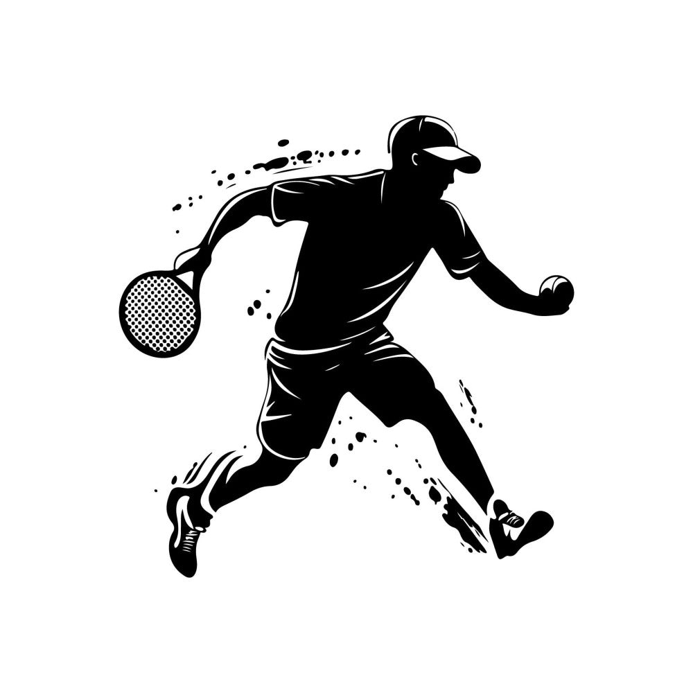 tennis, sports, athletic, silhouette, black and white, monochrome, racket, player, active, motion, dynamic, running, game, court, recreation, fitness, exercise, modern, minimalist, line art, action, hobby, leisure, contemporary, bold, graphic, illustration, youth, energy