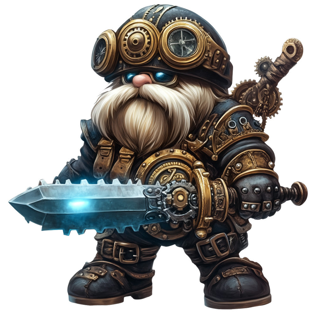 steampunk gnome, mechanical warrior, brass goggles, white beard, blue glowing sword, gears and clockwork, bronze metal details, fantasy character, industrial design, copper tones, navy blue clothing, mechanical arm, compass details, leather straps, mystical lighting, fabric panel, quilting cotton, adventurer theme, dwarf warrior, steam-powered aesthetic