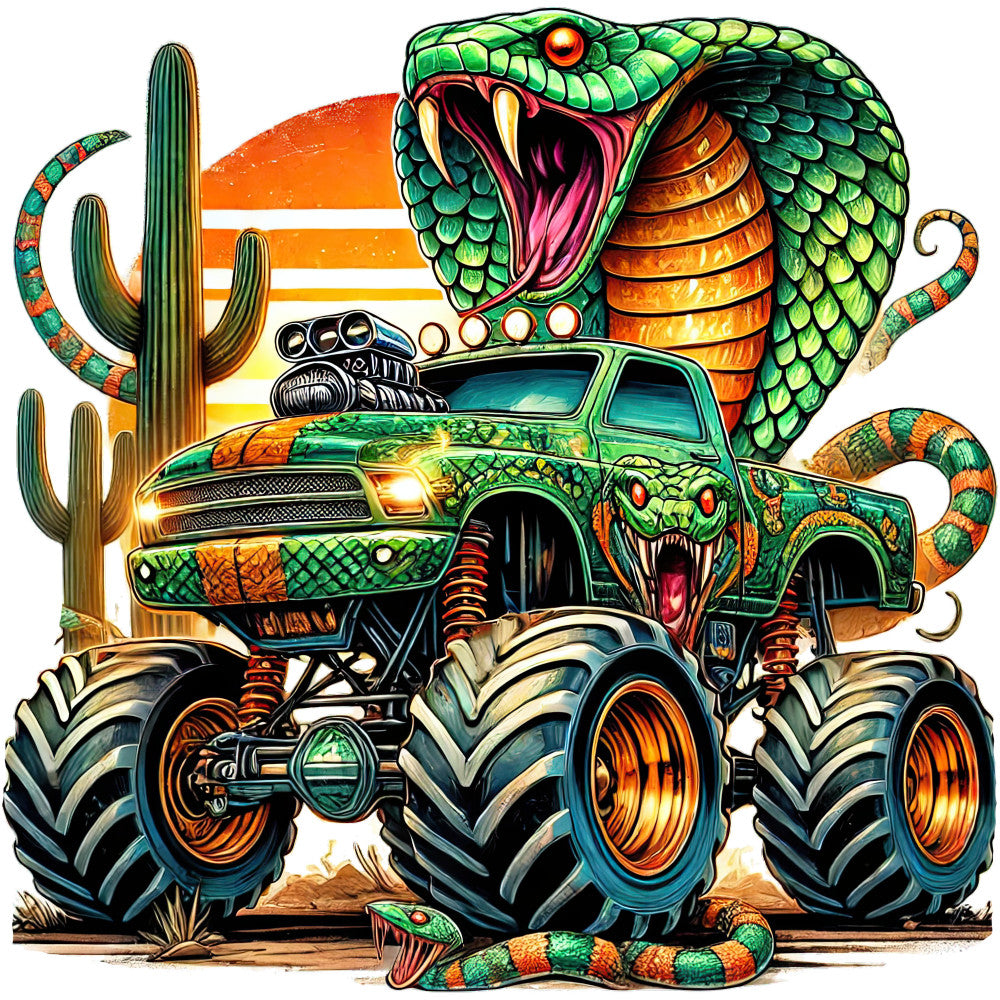 lime green, orange, turquoise, gold, coral, snake, serpent, cactus, southwest, desert, monster truck, hot rod, animal eyes, teeth, scales, scales pattern, reptile, fangs, fierce, bold, vibrant, whimsical, edgy, contemporary, automotive, nature-inspired, tropical, wild, statement fabric, novelty print