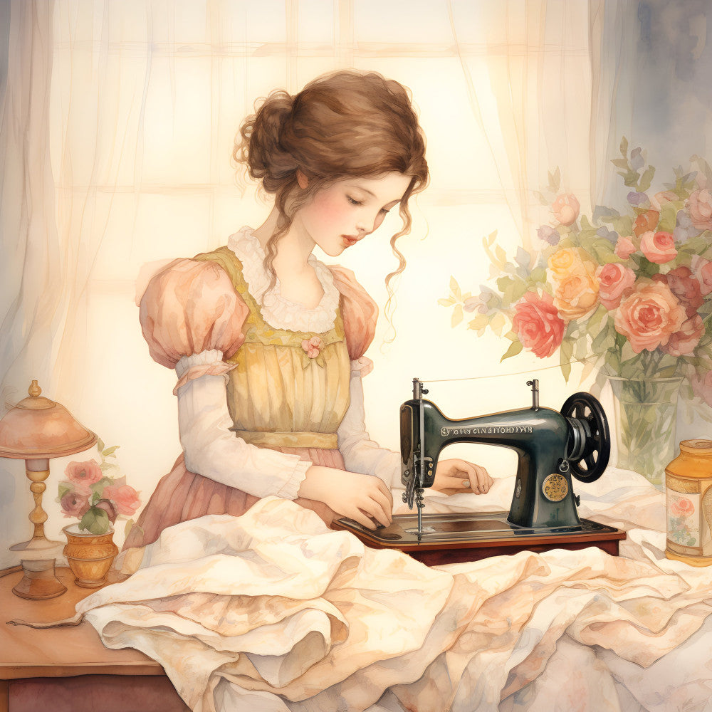 vintage girl, sewing, sewing machine, retro, romantic, cottage core, pastel colors, blush pink, cream, soft yellow, gold accents, floral, roses, flowers, elegant, nostalgic, traditional, timeless, steampunk, victorian, antique aesthetic, delicate, feminine, spring, embroidered details, lace collar, historical, classic, period piece, home decor