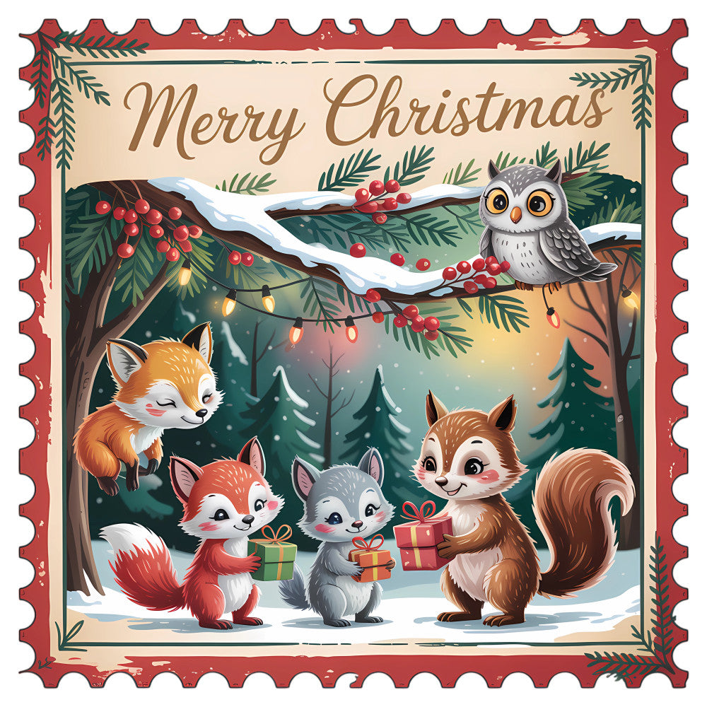 Vintage Christmas Stamps Fabric Panel 35 featuring cute woodland animals and festive holiday gifts in a snowy forest scene.