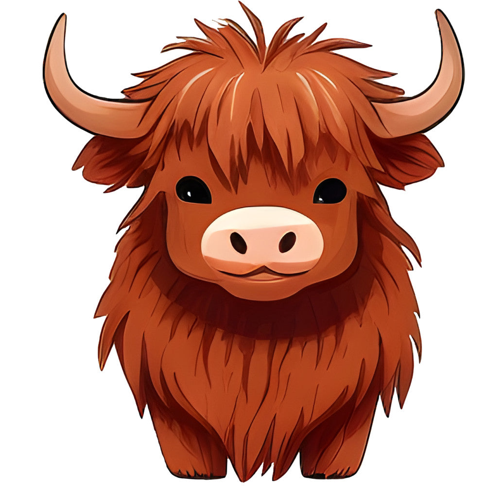 rust brown, terracotta, burnt orange, highland cattle, highland cow, scottish cattle, long-horned cattle, cute animals, farm animals, whimsical, cartoonish, children's, kids, farmhouse, rustic, animal characters, horned animals, livestock, pastoral, nursery, baby, playful, illustration style, folk art, country, adorable creatures, cream colored nose, shaggy hair