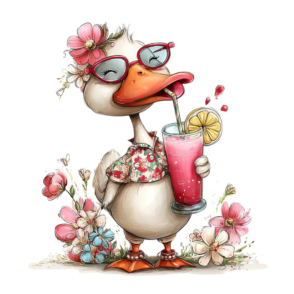 coral pink, cream, beige, red, orange, golden yellow, floral, whimsical, duck, bird, flowers, sunglasses, beverage, lemonade, spring, summer, playful, quirky, cute animals, botanical, vintage style, retro, cheerful, happy, fun, illustration style, character print, nature inspired, garden theme, romantic