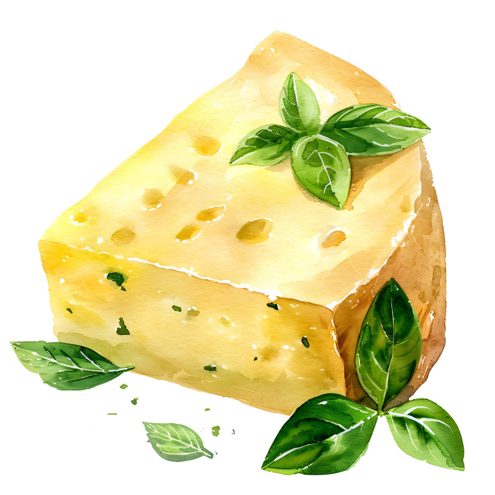 cheese, basil, food, kitchen, culinary, gourmet, pale yellow, cream, golden yellow, sage green, botanical, herbs, farmhouse, rustic, elegant, sophisticated, food illustration, realistic, detailed, spring, summer, fresh, natural, italian, european, table runner, kitchen decor, home decor, food themed, culinary arts