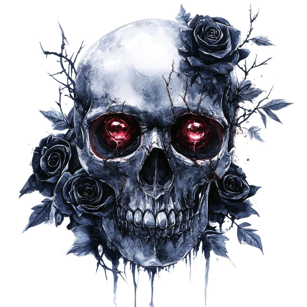 skull, gothic, dark academia, black roses, red eyes, memento mori, goth, dramatic, edgy, dark floral, navy blue, charcoal gray, deep red, moody, halloween, day of the dead, skeleton, bold pattern, alternative, romantic gothic, roses, thorny branches, metallic red, haunting, mysterious, dark theme, modern gothic, art nouveau, artistic