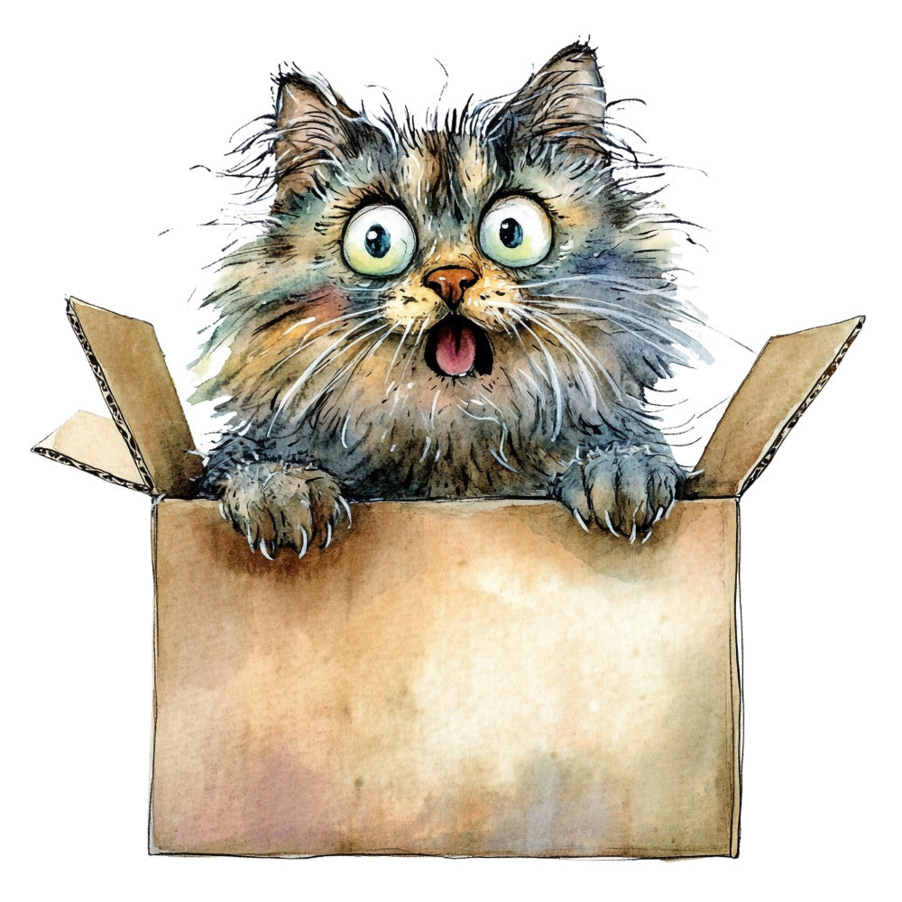 cat, fluffy cat, surprised cat, whimsical, animals, pet, cute, cardboard box, humorous, funny, illustrated, watercolor, gray, tan, brown, cream, blue-gray, green-blue, wide-eyed expression, playful, children's, kids, charming, quirky, lighthearted, gift fabric, apparel, home decor, novelty print