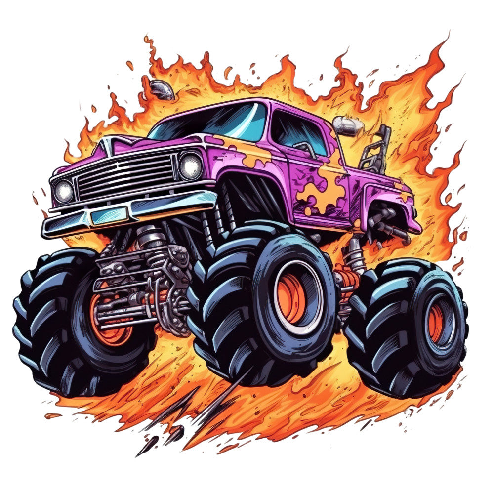 Monster Truck Crushes Fabric Panel 14 with a vibrant purple monster truck crushing over flames on premium quilting cotton.