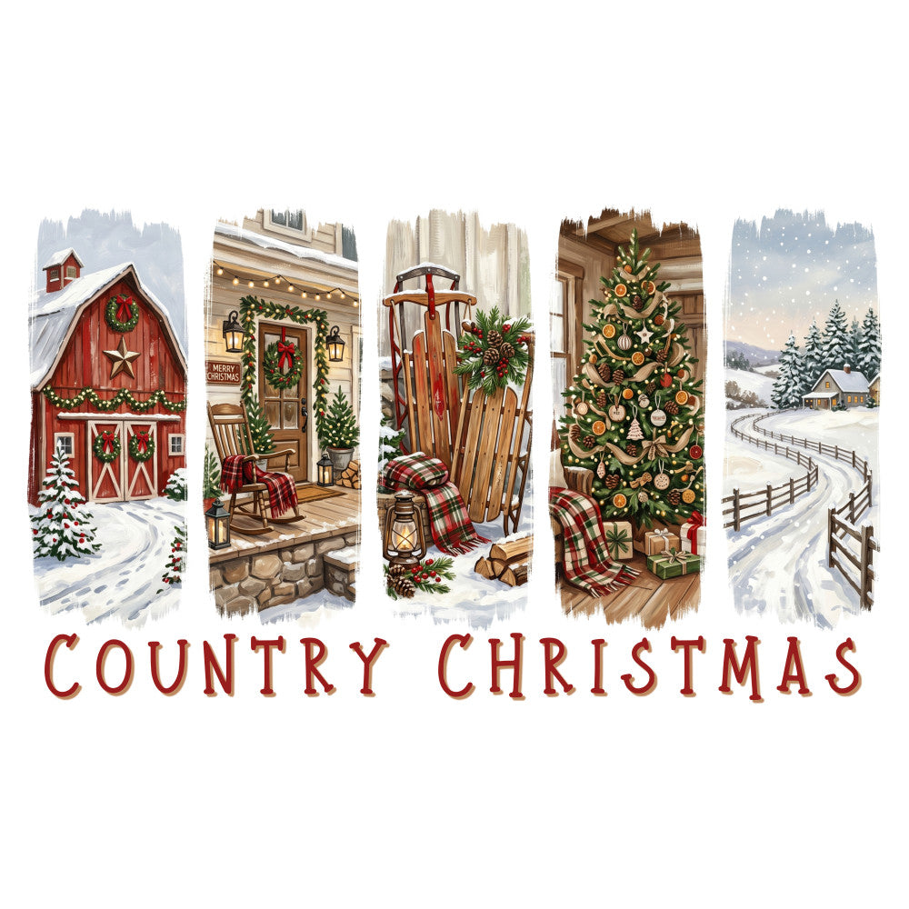 country christmas, red barn, snowy landscape, festive, holiday, christmas tree, winter scene, rustic farmhouse, traditional, cream, red, green, gold, plaid, wreaths, evergreen, sledges, lanterns, wooden fence, winter decorations, seasonal, christmas ornaments, folk art, vintage country, holiday panel, snow-covered trees, cozy cabin, rustic charm, seasonal decor
