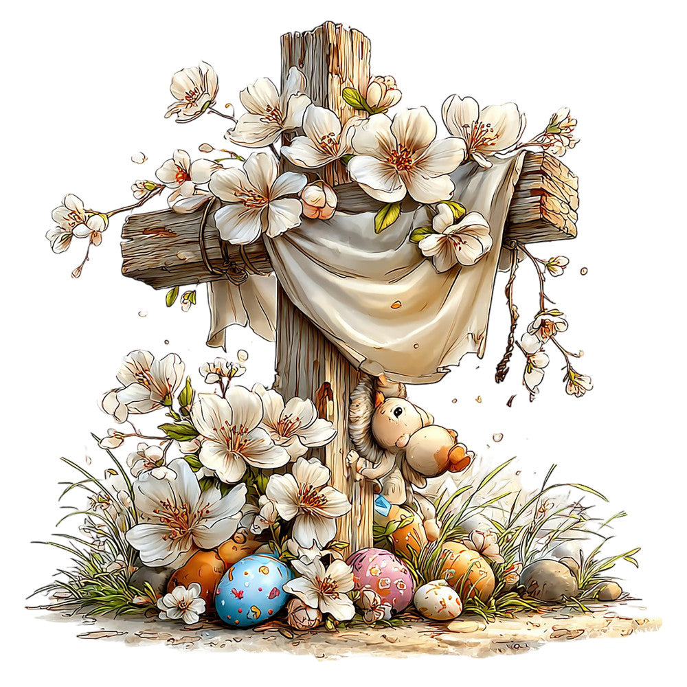 beige, cream, white, brown, wooden cross, cherry blossoms, easter eggs, squirrel, spring flowers, fabric panel, quilting cotton, religious theme, easter design, pastel colors, floral motif, nature scene, soft pastels, seasonal panel, decorative fabric, easter bunny