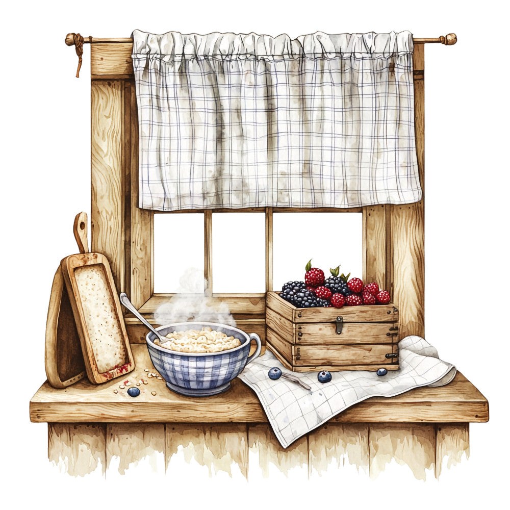 cream, beige, brown, blue gingham, checkered pattern, kitchen scene, window sill, wooden frame, berries, blueberries, raspberries, steaming bowl, cutting board, fabric panel, country style, rustic, cozy, gingham curtains, kitchen utensils, wooden crate, cottage core