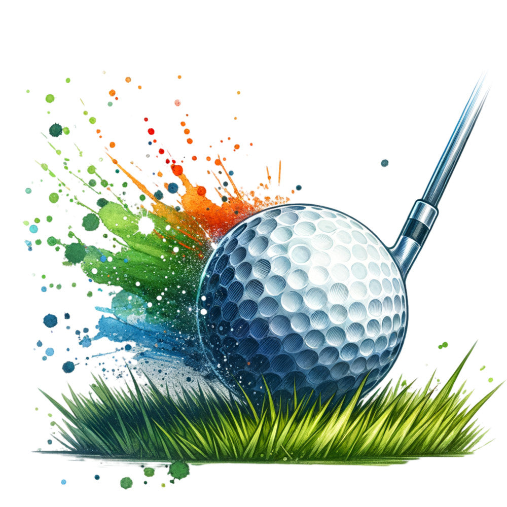 watercolor, golf ball, golf club, paint splatter, white, blue, green, orange, red, grass, sports theme, athletic, fabric panel, quilting cotton, artistic splash, vibrant colors, golf course, recreation, colorful paint drops, modern art style