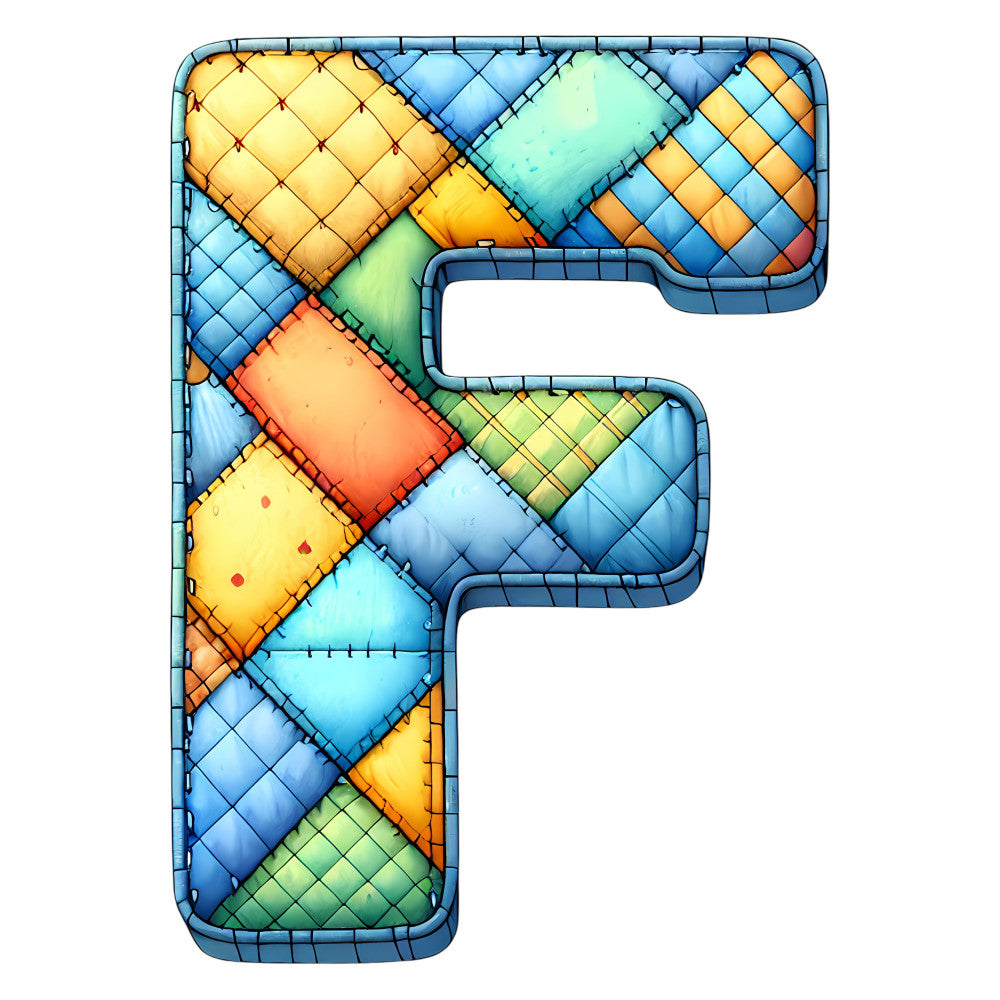 letter f, quilted patchwork, geometric shapes, blue, yellow, orange, cyan, lime green, mint green, sky blue, navy blue, coral orange, golden yellow, pastel colors, diamond pattern, quilted blocks, whimsical, playful, modern patchwork, colorful, bright, cheerful, patchwork letter, alphabet design, children's fabric, nursery, playroom, decorative letter, contemporary style