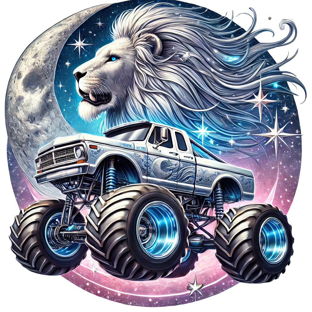 celestial, lion, moon, stars, night sky, monster truck, lifted truck, glow-in-the-dark, fantasy, whimsical, magical, cosmic, space, metallic blue, silver, purple, pink, deep blue, navy, gradient, abstract, modern, boys, men, vehicles, animals, wildlife, glowing wheels, neon, futuristic