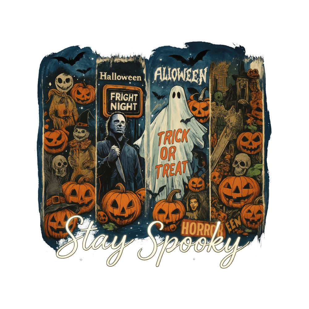 halloween, fright night, trick or treat, stay spooky, jack-o-lanterns, pumpkins, ghosts, skulls, bats, skeletons, horror, vintage halloween, dark blue, navy blue, cream, orange, black, spooky, creepy, scary, autumn, fall, trick-or-treating, haunted house, movie-inspired, classic horror, retro halloween, seasonal, festive, dark academia